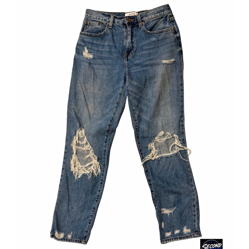 PISTOLA Women's High Rise Straight Jeans Blue Medium Wash Distressed 5-Pocket